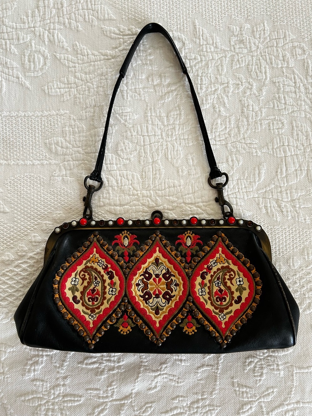Isabella Fiore Y2K Vintage Style Black Beaded Embroidered Clutch Evening Bag
